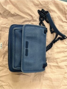 Miu Miu Denim Blue Canvas Crossbody Bag with Chain Strap